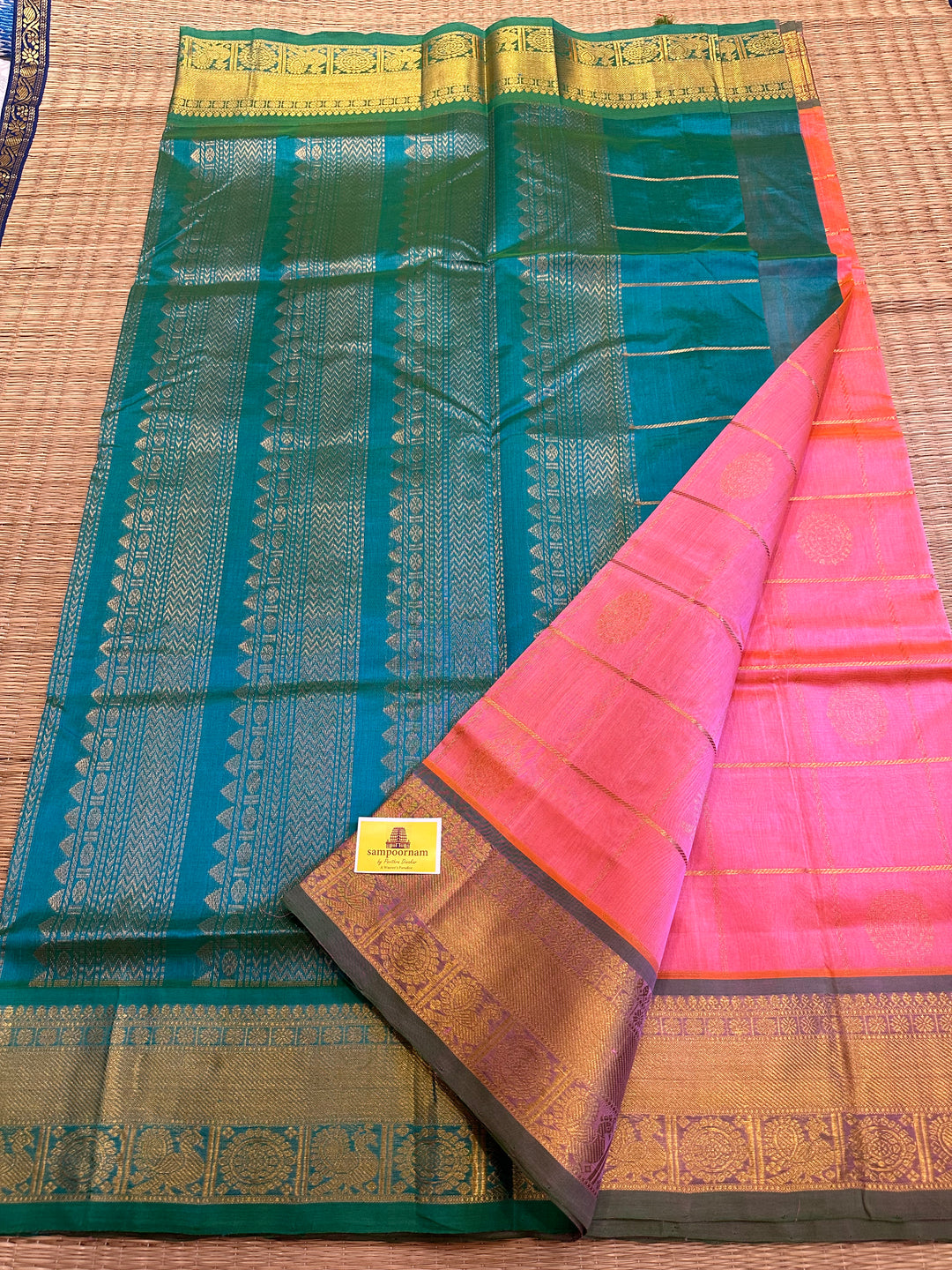 Baby Pink with Sea Green Mayil Chakram Silk Cotton Saree