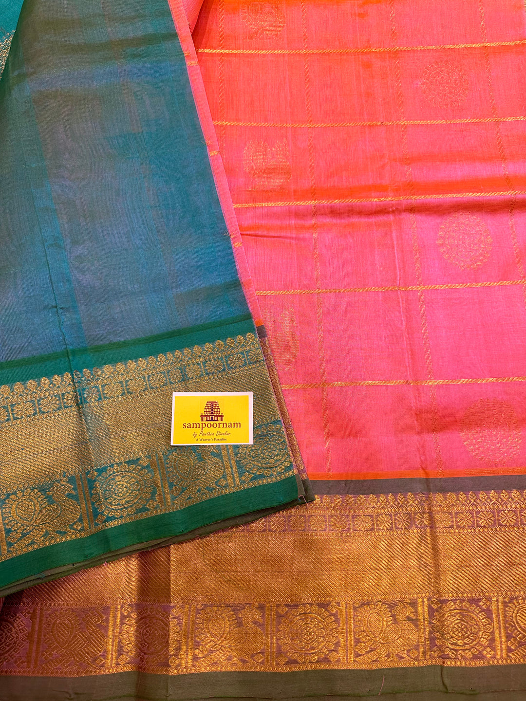 Baby Pink with Sea Green Mayil Chakram Silk Cotton Saree