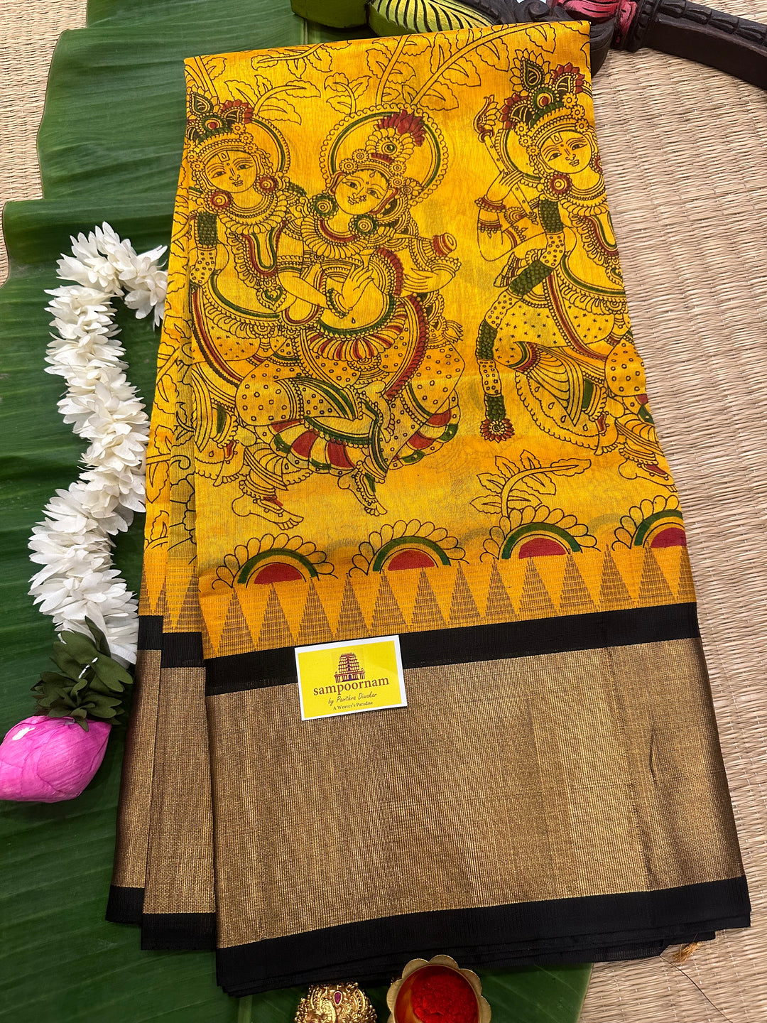Yellow with Black Radha Krishna Printed Korvai Silk Cotton Saree