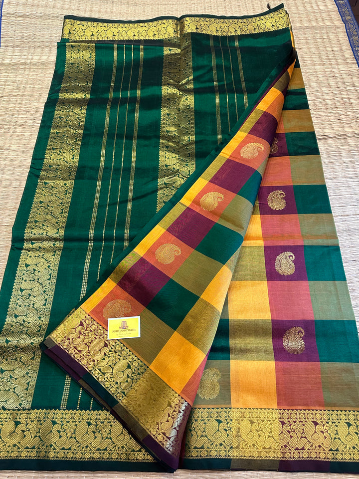 The Traditional Maroon,Green,Mustard with Rich Zari Butta Pallum Pazham Kattam Silk Cotton  Saree