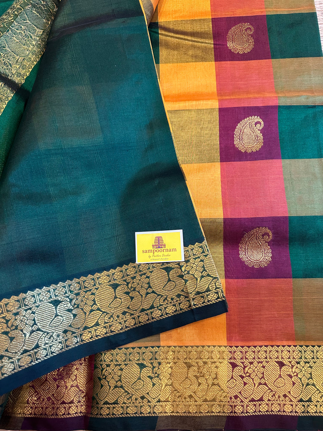 The Traditional Maroon,Green,Mustard with Rich Zari Butta Pallum Pazham Kattam Silk Cotton  Saree