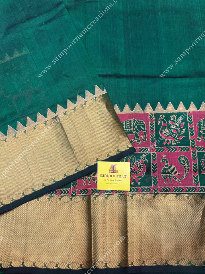 Green  , Annam and Elephant Handblock Print and Tissue borders , Rich Pallu Handblock Printed Silk Cotton Saree