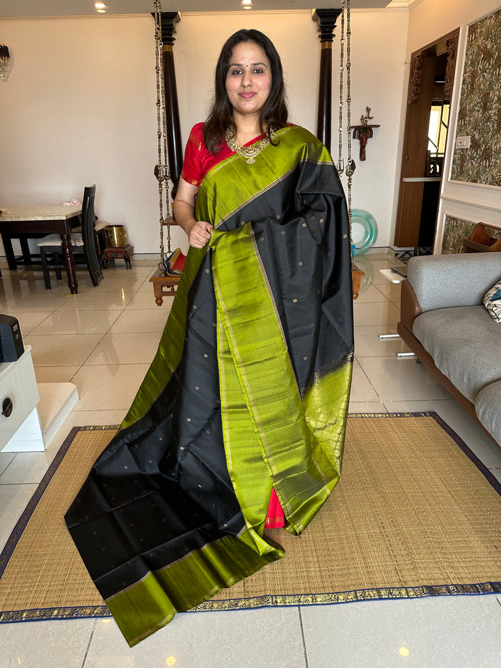 Black with Olive Green Small Chakram Butta and Rich Pallu, Pure Soft Silk Saree