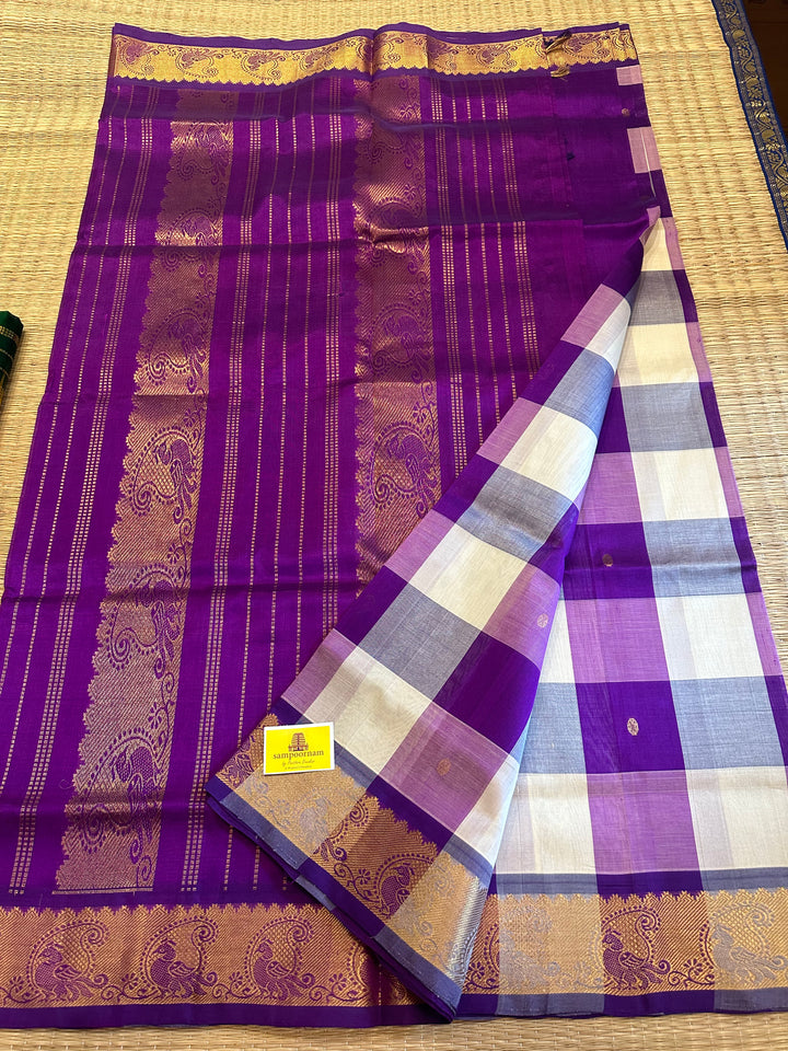 Offwhite with Purple with Zari Butta Pallum Pazham Kattam Silk Cotton Saree