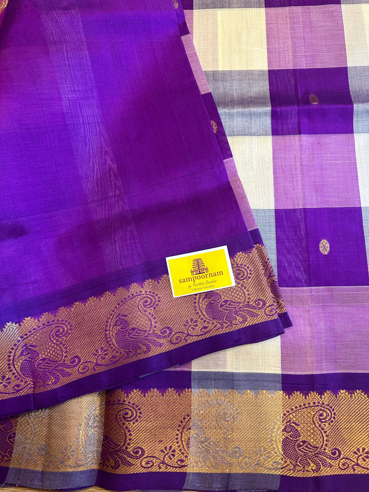 Offwhite with Purple with Zari Butta Pallum Pazham Kattam Silk Cotton Saree