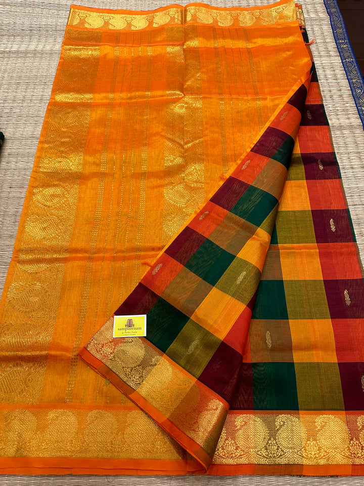 The Classic Maroon,Orange,Green ,Mustard with Zari Mango Butta Pallum Pazham Kattam Saree