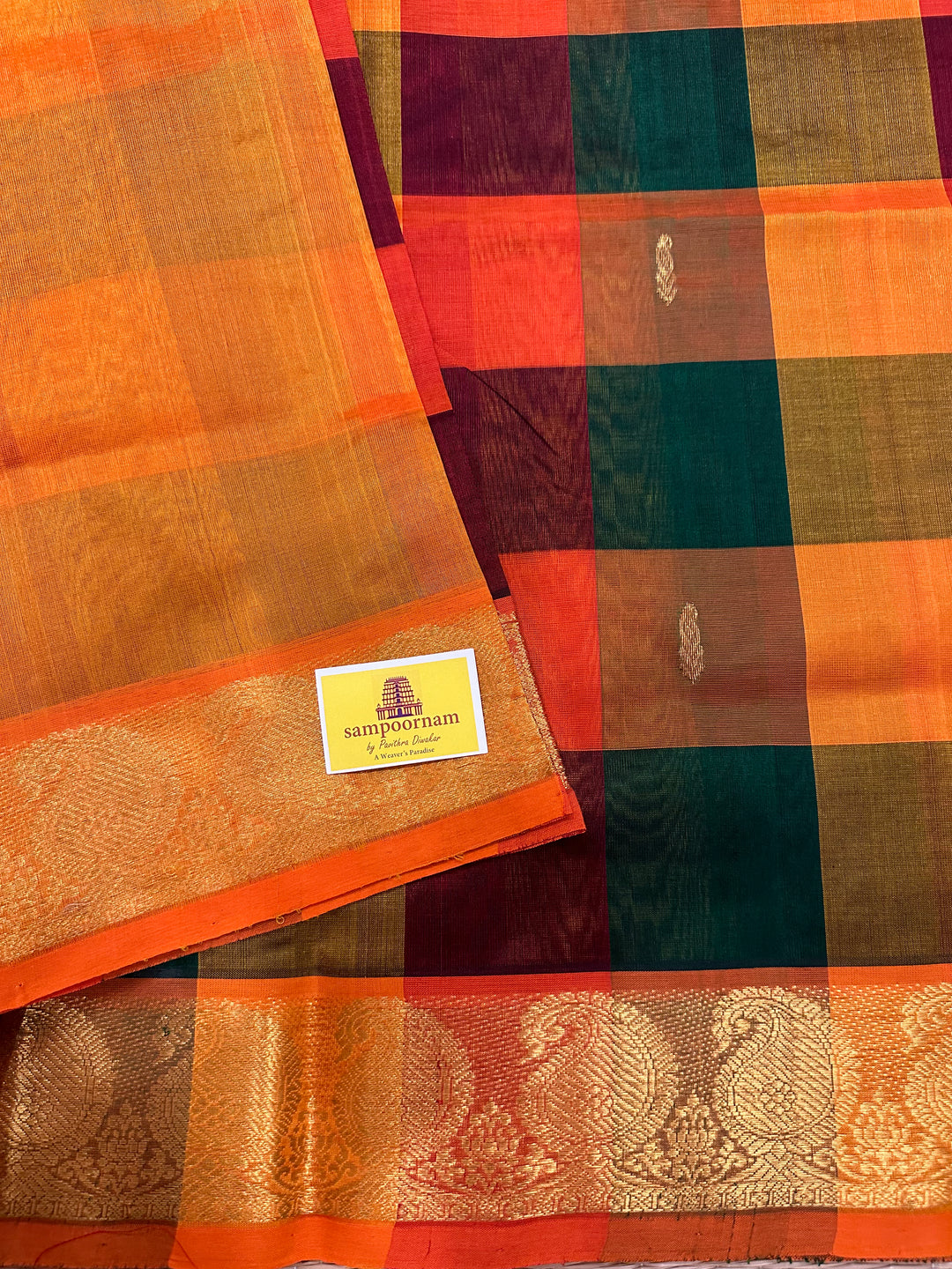 The Classic Maroon,Orange,Green ,Mustard with Zari Mango Butta Pallum Pazham Kattam Saree