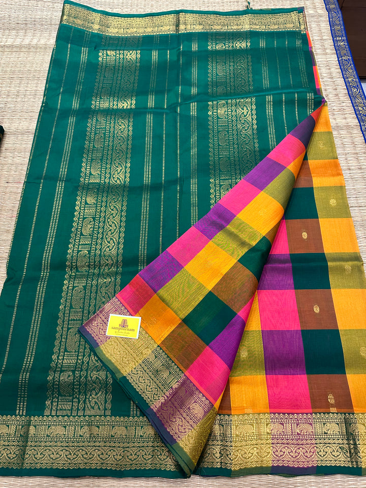 Pink,Purple,Manjal and Green with Small Zari Butta Pallum Pazham Kattam Silk Cotton Saree