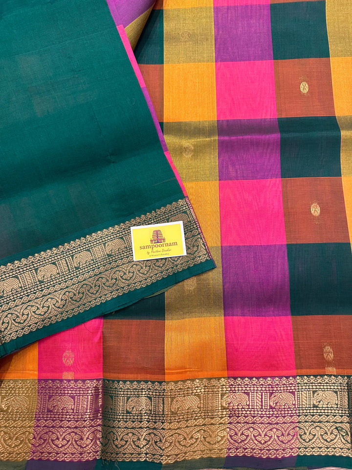 Pink,Purple,Manjal and Green with Small Zari Butta Pallum Pazham Kattam Silk Cotton Saree