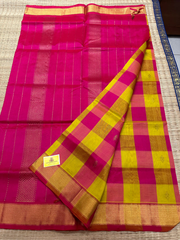 Yellow with Pink Zari Butta Pallum Pazham Kattam Silk Cotton Saree