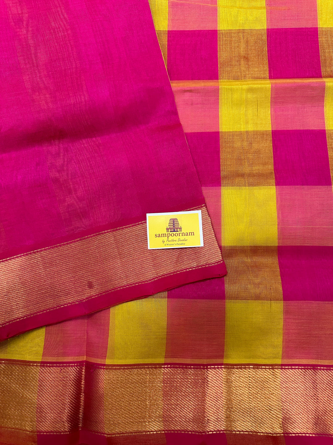 Yellow with Pink Zari Butta Pallum Pazham Kattam Silk Cotton Saree