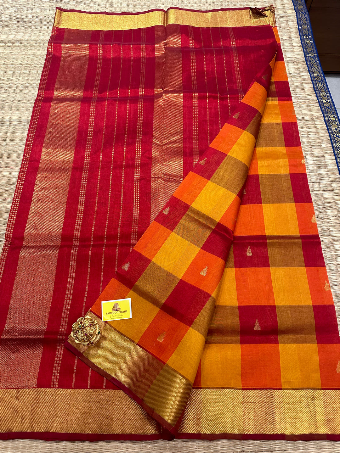 Red Mustard Orange with Gopuram Zari Butta Pallum Pazham Kattam Saree