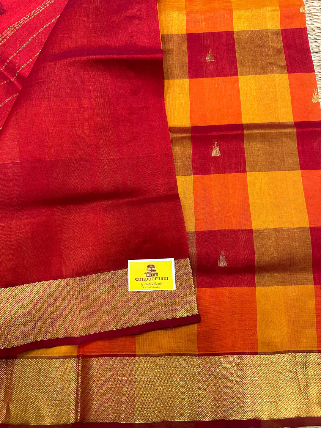 Red Mustard Orange with Gopuram Zari Butta Pallum Pazham Kattam Saree