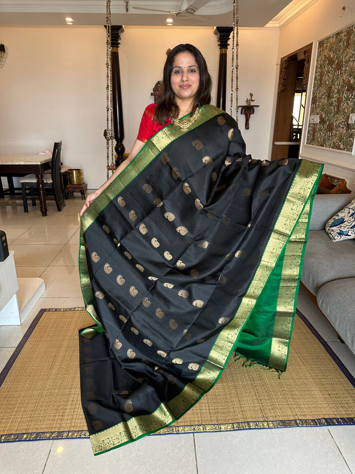 Black with Green, Rich Mango Butta in Body, Rich Border and Pallu Pure Soft Silk Saree