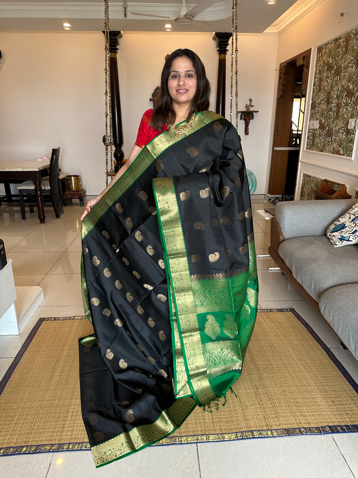 Black with Green, Rich Mango Butta in Body, Rich Border and Pallu Pure Soft Silk Saree