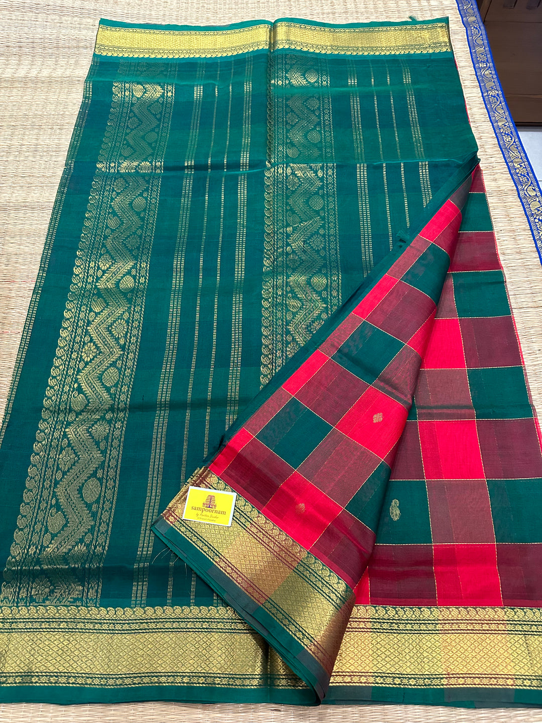 Red- Green, Mango and Diamond Zari Butta Pallum Pazham Kattam Saree