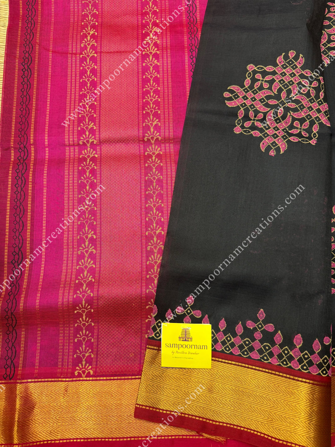 Black with Pink , Kolam Handblock Printed  Silk Cotton Saree