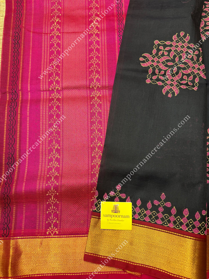 Black with Pink , Kolam Handblock Printed  Silk Cotton Saree