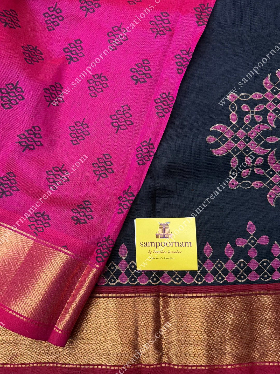Black with Pink , Kolam Handblock Printed  Silk Cotton Saree