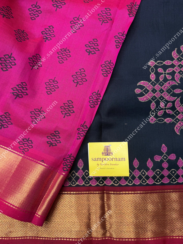 Black with Pink , Kolam Handblock Printed  Silk Cotton Saree