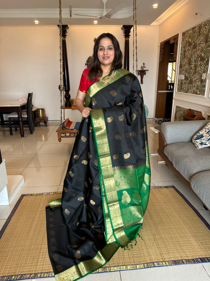 Black with Green, Rich Mango Butta in Body, Rich Border and Pallu Pure Soft Silk Saree