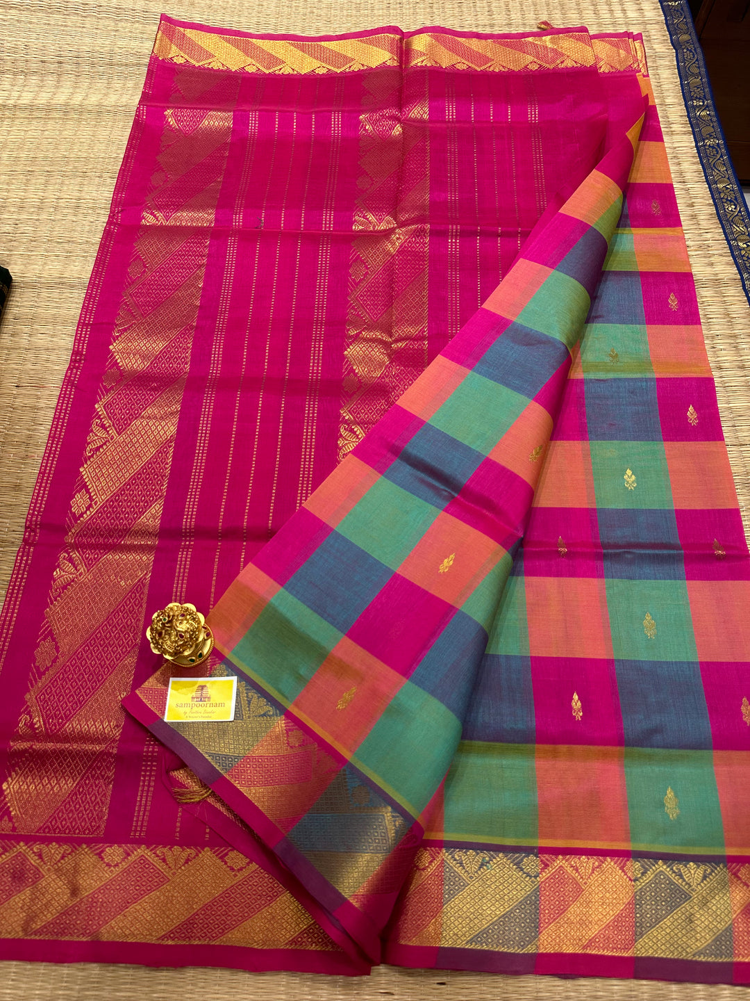 Pink , Peachish Orange and Sea Green with Zari Butta Pallum Pazham Kattam Saree