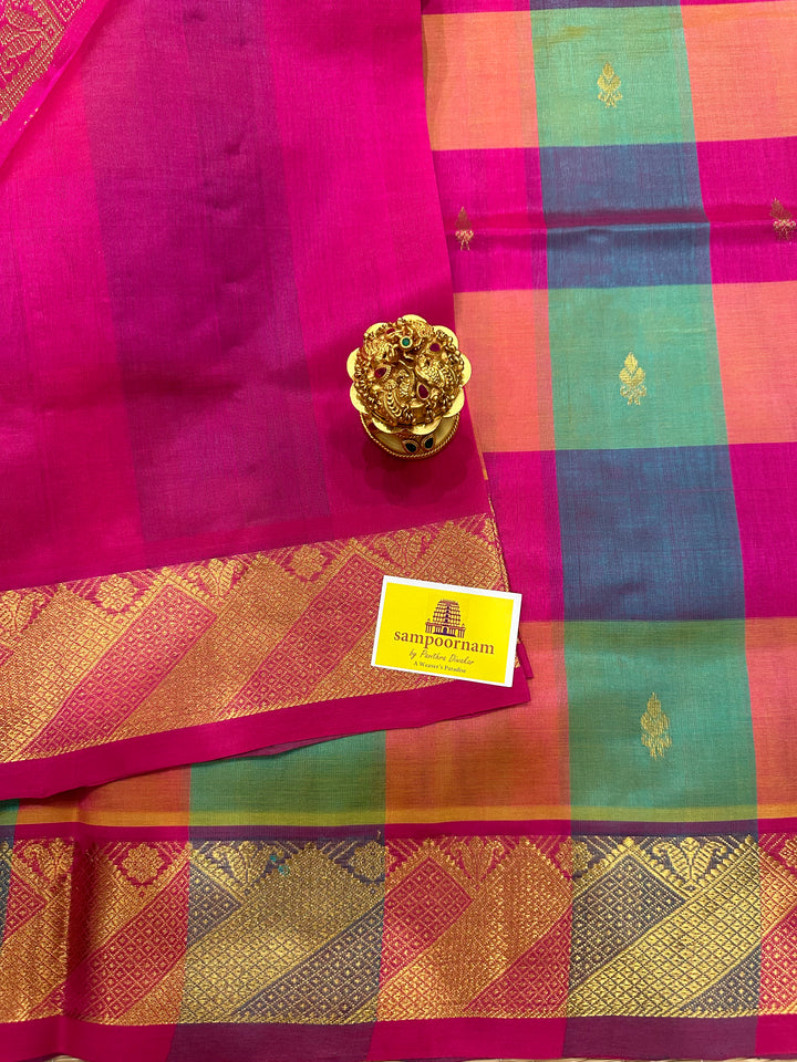 Pink , Peachish Orange and Sea Green with Zari Butta Pallum Pazham Kattam Saree