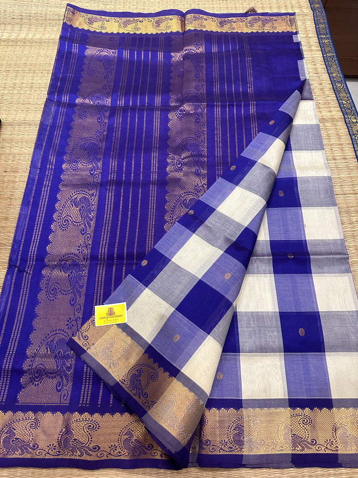 Offwhite with Indigo Blue Small Zari Butta Pallum Pazham Kattam Saree