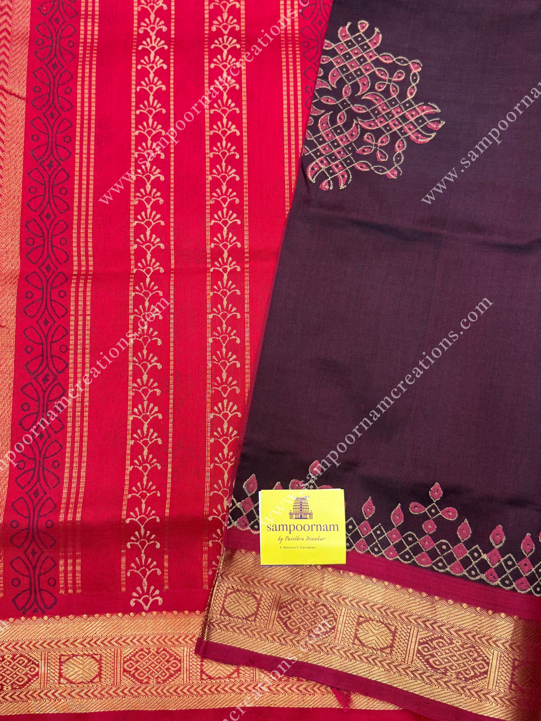 Brown with Red  , Kolam Handblock Printed  Silk Cotton Saree