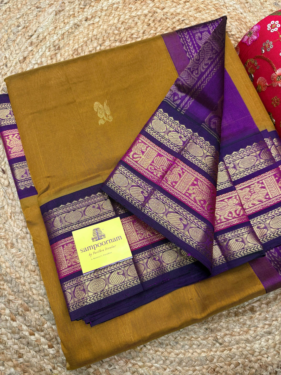 Mustard with Purple, Rich Mango Zari butta in the body and Traditional Kanchi borders & Grand Pallu, Korvai Silk Cotton Saree