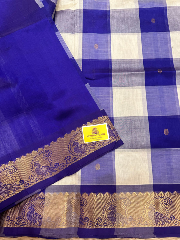 Offwhite with Indigo Blue Small Zari Butta Pallum Pazham Kattam Saree