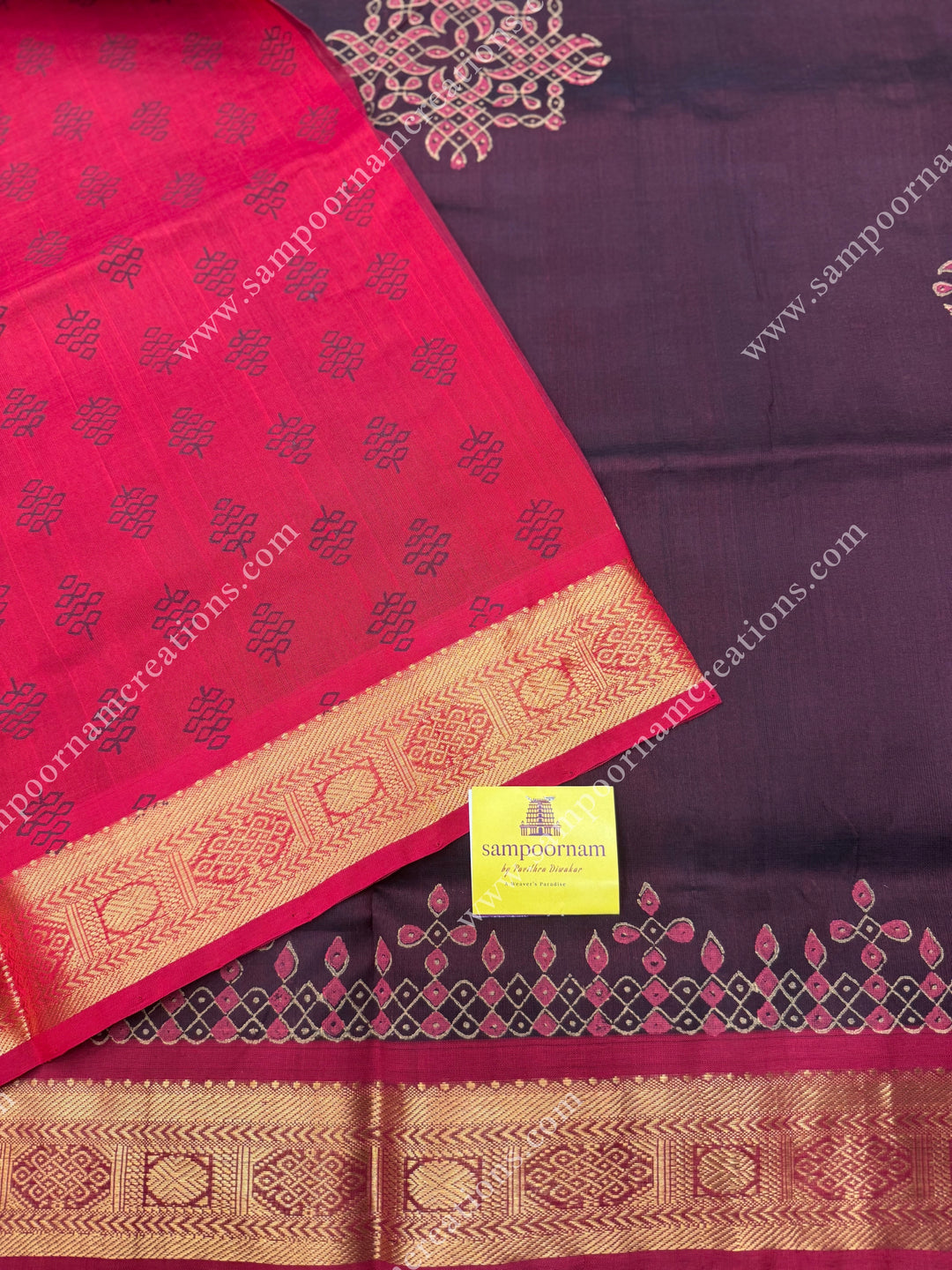 Brown with Red  , Kolam Handblock Printed  Silk Cotton Saree