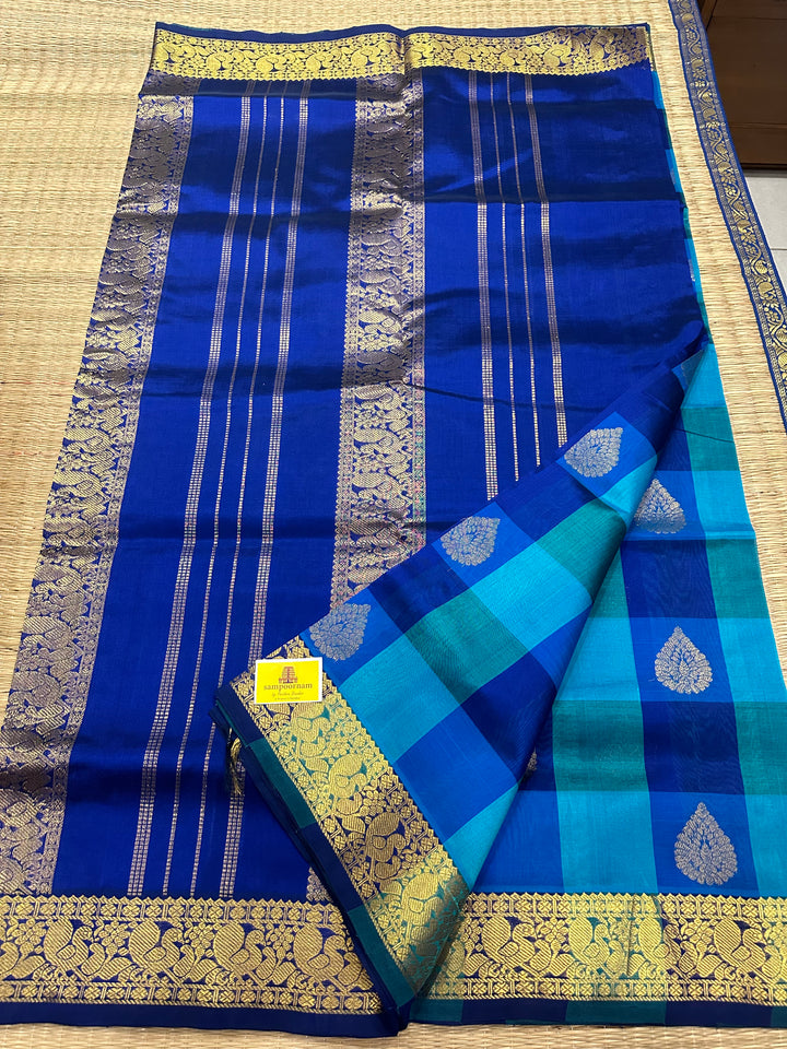 Blue,Greenish Blue And Light Blue with Rich Zari Butta Pallum Pazham Kattam Saree