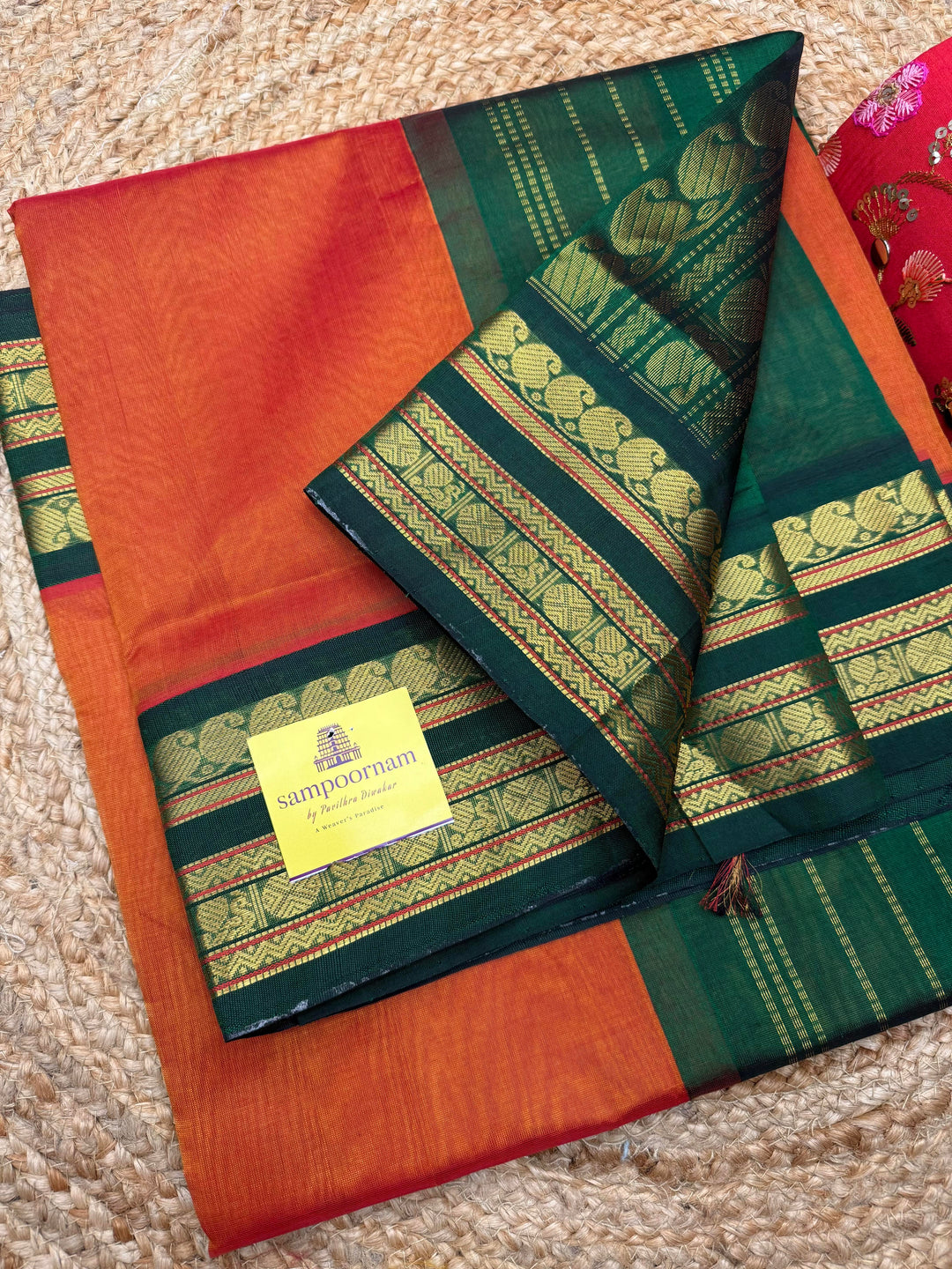 Rustic Orange with Green ,Traditional rettapet borders & Grand Pallu ,Korvai Silk Cotton Saree