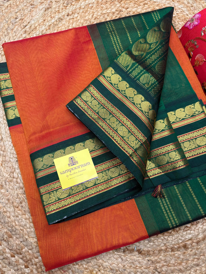 Rustic Orange with Green ,Traditional rettapet borders & Grand Pallu ,Korvai Silk Cotton Saree