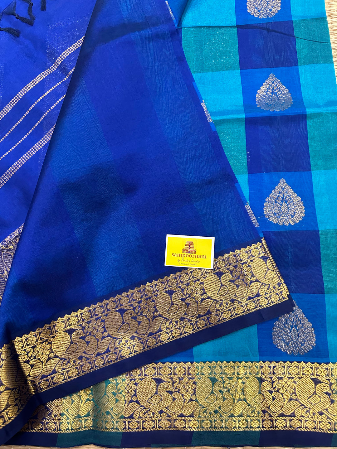 Blue,Greenish Blue And Light Blue with Rich Zari Butta Pallum Pazham Kattam Saree