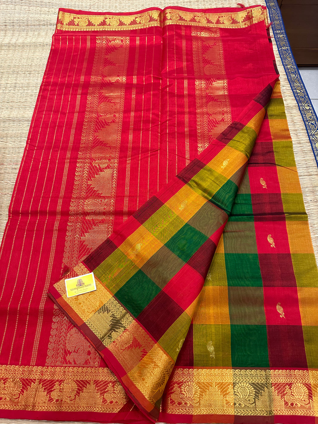 Traditional Red Mustard Green With Mango Zari Butta Pallum Pazham Kattam Silk Cotton SareeSaree