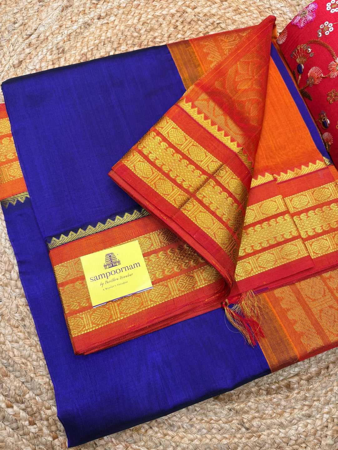 Persian Blue with Rust Orange ,  Traditional borders and Rich Pallu Korvai Silk Cotton Saree