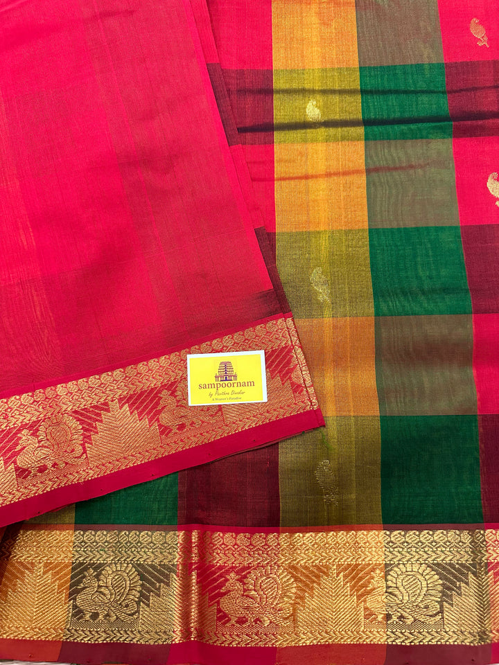 Traditional Red Mustard Green With Mango Zari Butta Pallum Pazham Kattam Silk Cotton SareeSaree