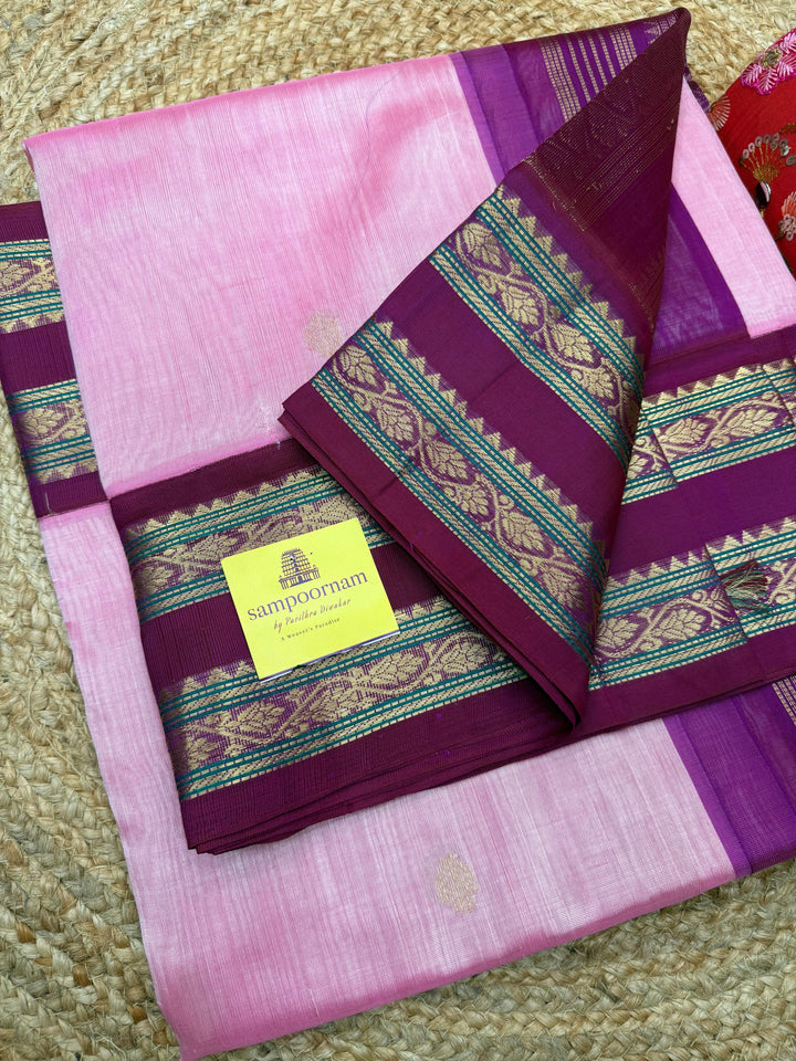 Onion Pink with Magenta , Rich Zari butta in the body and tradtional rettapet borders & Grand Pallu ,Korvai Silk Cotton Saree