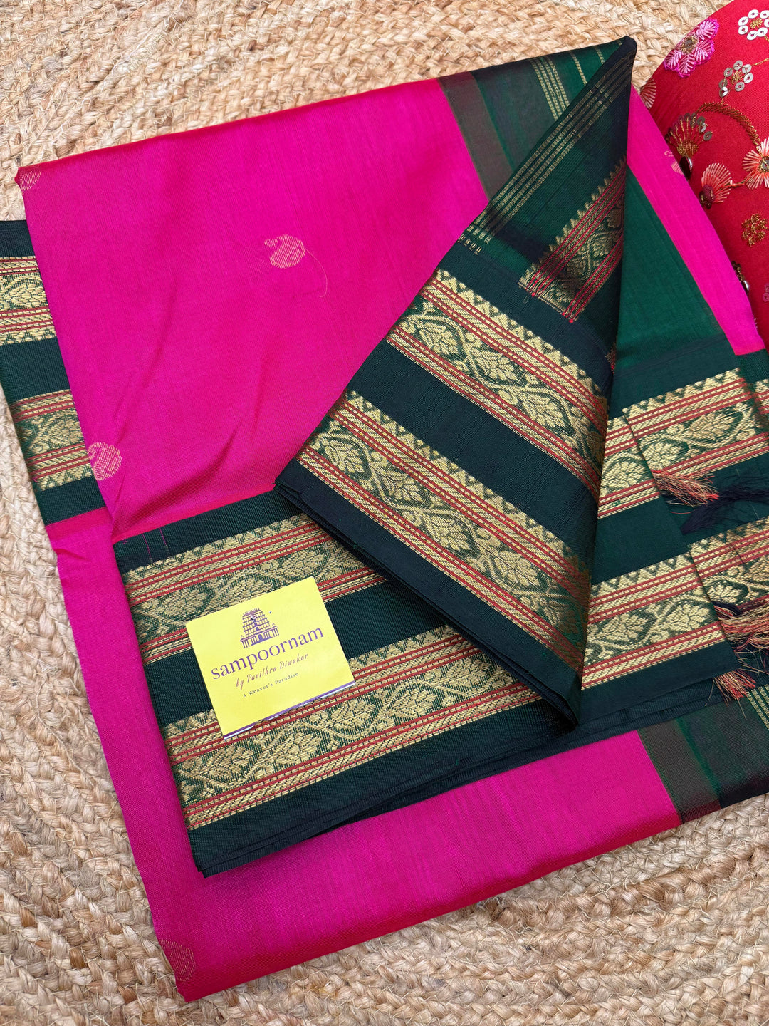 Bright Pink with Green , Rich Mango Zari butta in the body and Traditional rettapet borders , Grand Pallu ,Korvai Silk Cotton Saree