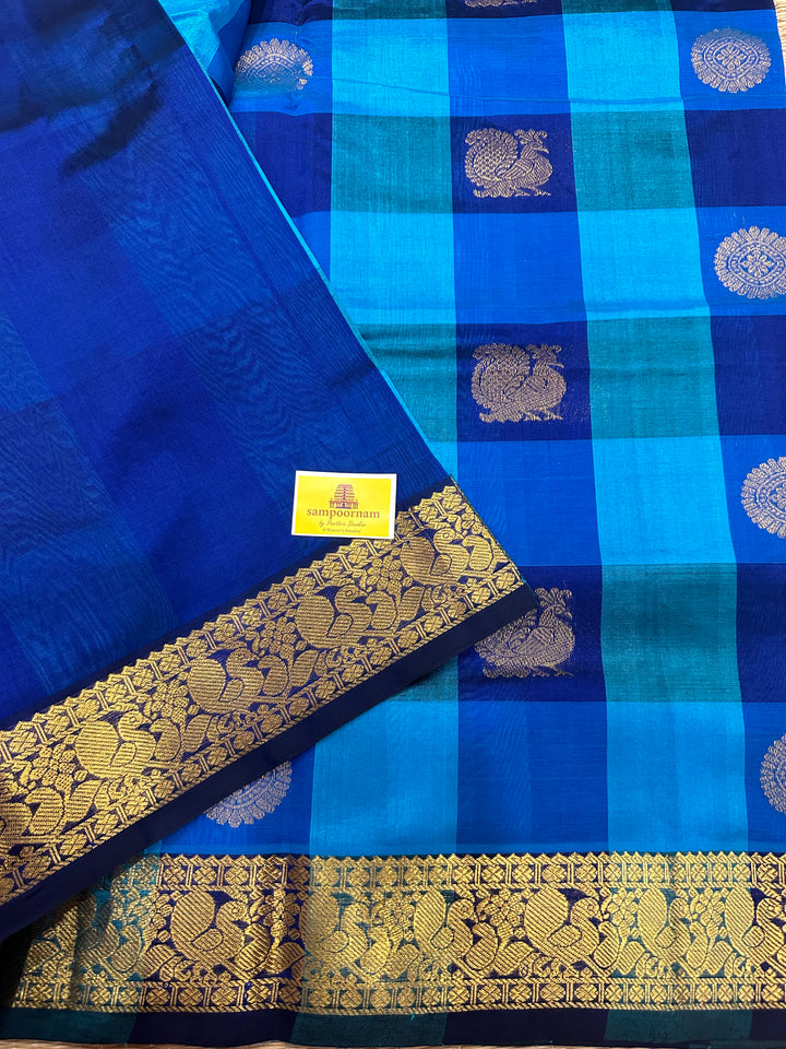 Blue,Dark Blue Rich Rudraksh and Annam Zari Butta Pallum Pazham Kattam Butta