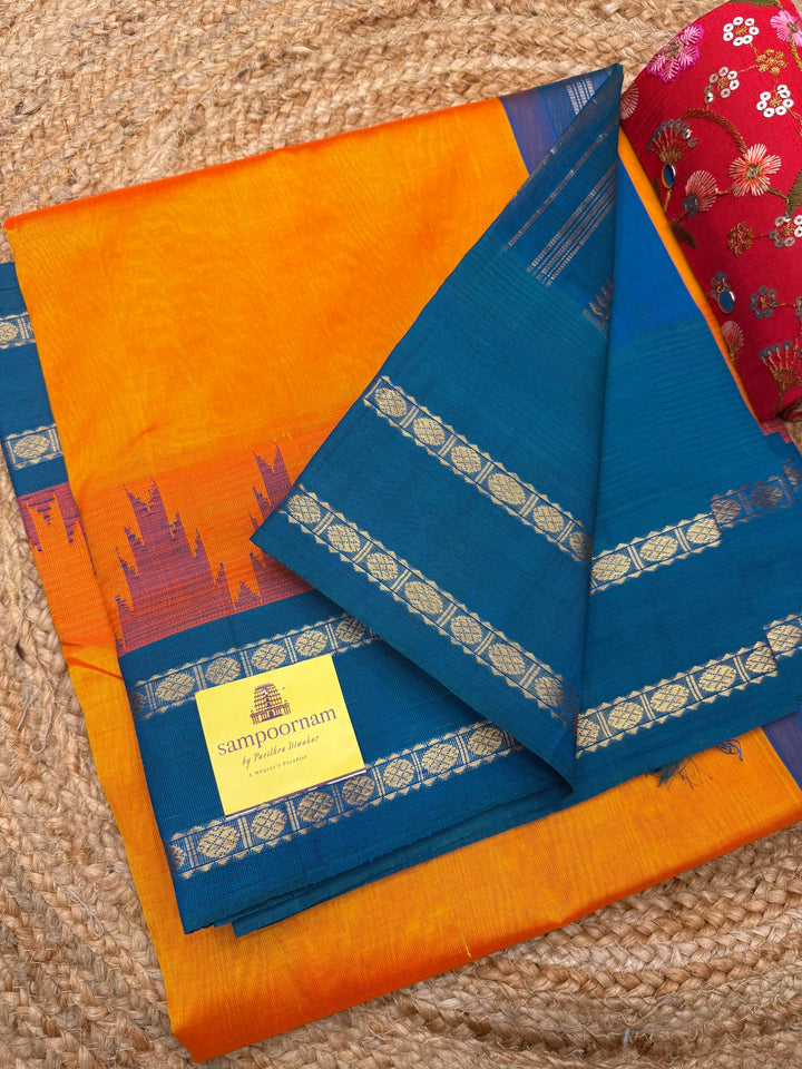 Mambazha Manjal with Turquoise Blue , rettapet borders with Temple Design , Grand Pallu Korvai Silk Cotton Saree