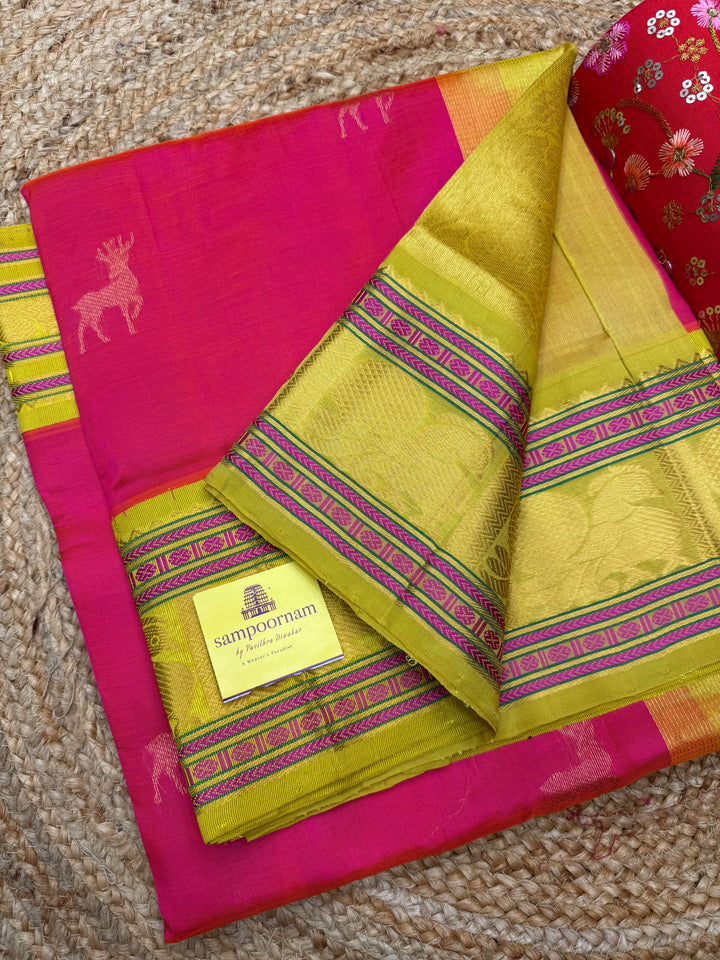 Pink with Lemon Yellow , Rich Deer Zari Butta in the body and Traditional borders , Grand Pallu Korvai Silk Cotton Saree