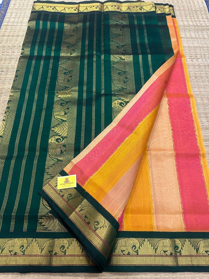 A fusion of Colours Pink , Biscuit and Orange with Green Border and Pallu Korvai Silk Cotton Saree