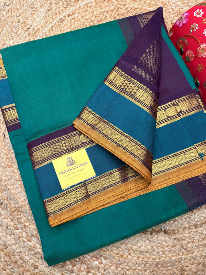 Dark Green with Arakku ,Traditional Rettapet Border and Rich Pallu, Korvai Silk Cotton Saree