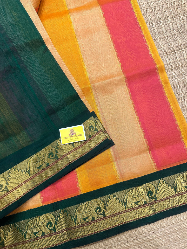 A fusion of Colours Pink , Biscuit and Orange with Green Border and Pallu Korvai Silk Cotton Saree