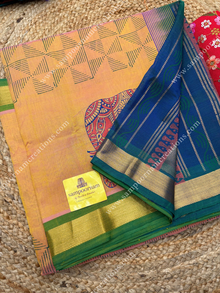 Peach with Mayilkazthu , Elephant border and Geometric Print in the body  and Rich Pallu Handblock Printed Silk Cotton Saree