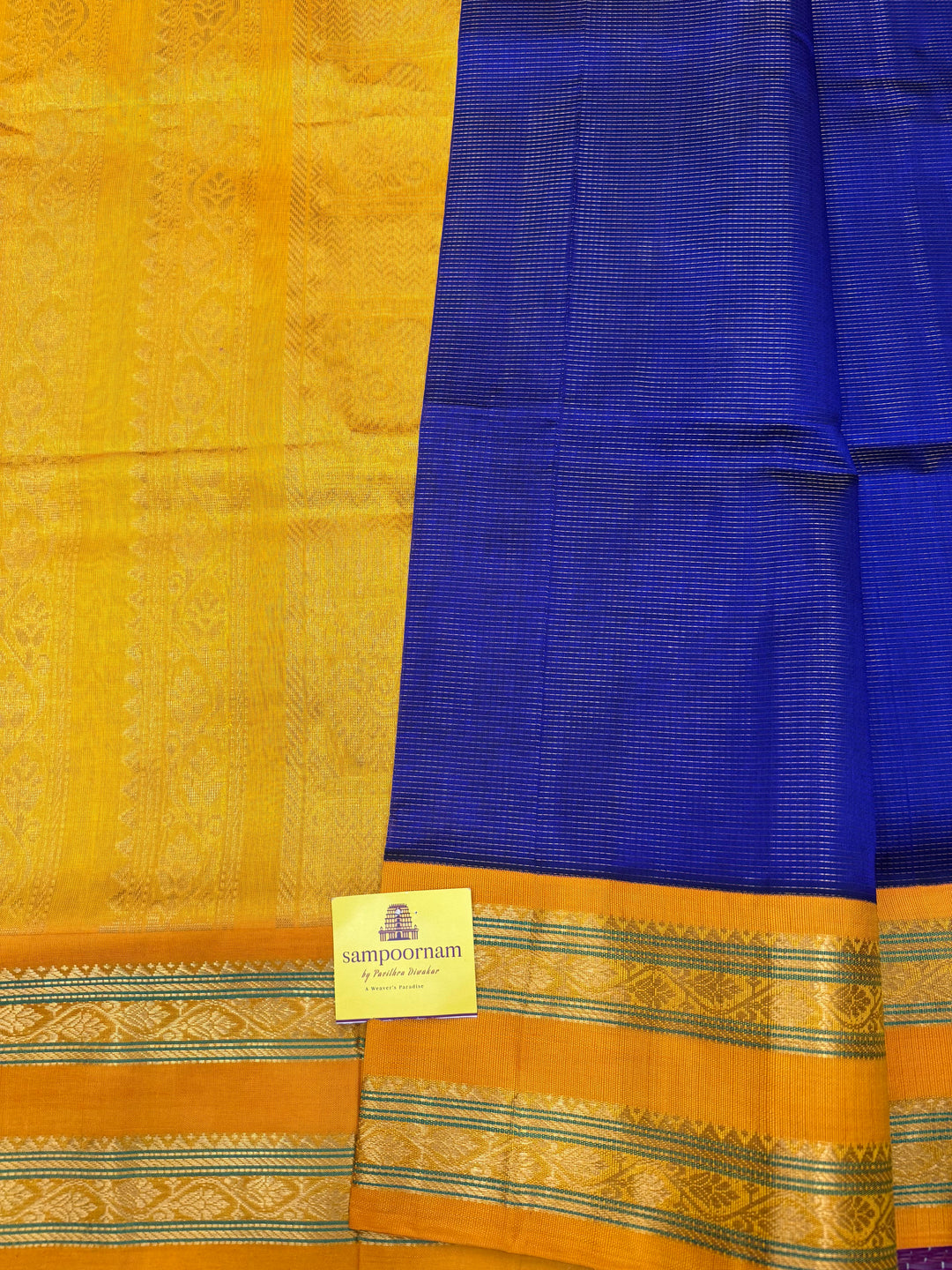 MS Blue with Manjal, Rich Zari Podi Kattam in the body , traditional rettapet borders & Grand Pallu ,Korvai Silk Cotton Saree