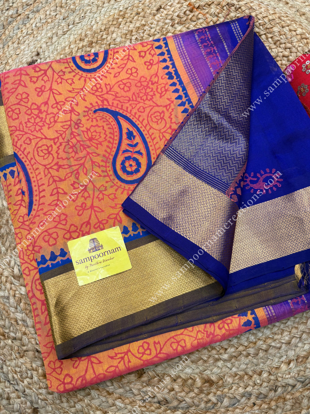 Peach with Dark Blue , Mango with Kodi design and Rich Pallu Handblock Printed Silk Cotton Saree